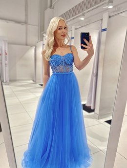 Sukienka długa gorset kamienie tiul błękit