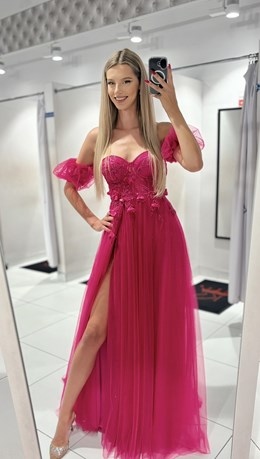 Sukienka długa gorset rękawek tiul fuksja