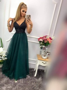 Sukienka długa tiulowa na ramiączkach zieleń/czerń