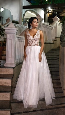 Sukienka długa tiul szerokie ramiączka brąz/biały