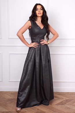 Sukienka długa pas rozcięcie błyszcząca czarny