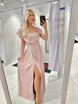 Sukienka długa rozcięcie falbana szyfon brokat róż