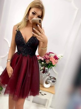 Sukienka krótka tiul kamyczki bordo/czarny