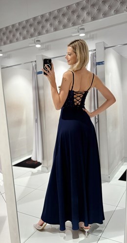 Sukienka długa cekiny gorset wiązanie granat