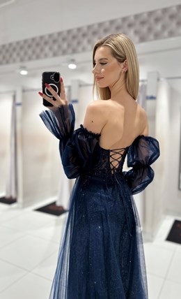 Sukienka długa gorset wiązanie rękawki granat