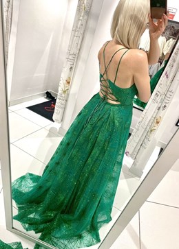 Sukienka długa balowa tren wiązany gorset zieleń