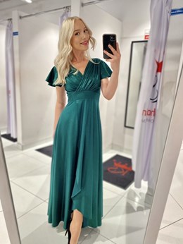 Sukienka długa marszczony pas połysk zieleń