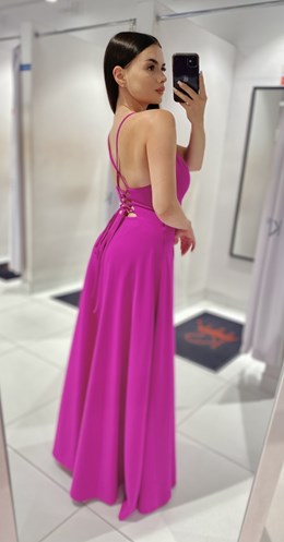 Sukienka długa ramiączka wiązanie fuksja