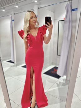 Sukienka długa rybka gładka falbany malina