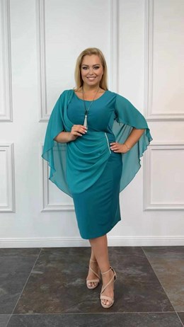 Sukienka krótka marszczony szyfon ozdoba turkus
