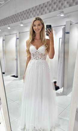 Sukienka długa gorset zdobienia koronka tiul biel