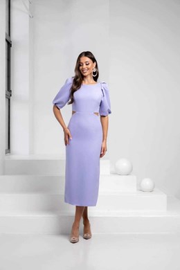 Sukienka midi rękawek wycięcie talia fiolet