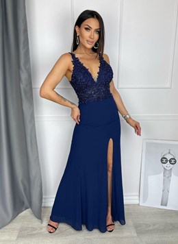 Sukienka długa zdobiona góra wycięcia granat