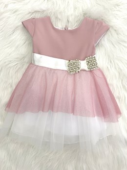 Sukienka dziecięca z kokardą róż/biel