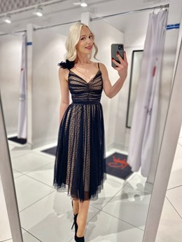 Sukienka midi ramiączka ozdoba tiul czerń/beż