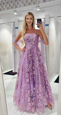 Sukienka długa balowa brokatowe kwiaty fiolet