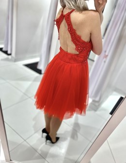 Sukienka krótka tiul zabudowany dekolt czerwony