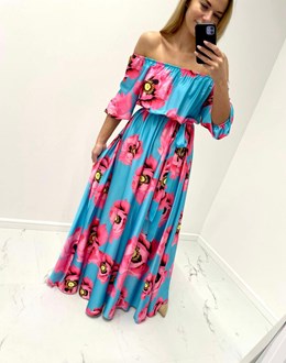 Sukienka długa długi rękaw kwiaty niebieski róż