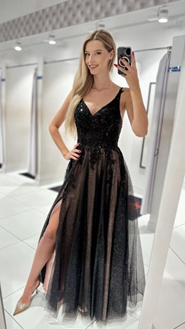 Sukienka długa gorset zdobienie tiul krem/czerń