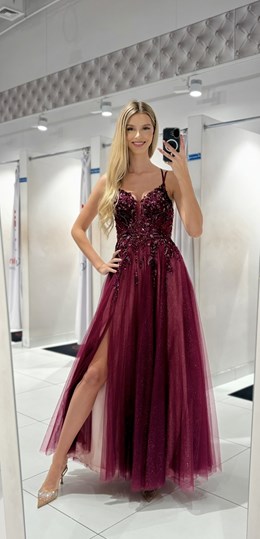 Sukienka długa gorset tiul brokat burgund/krem