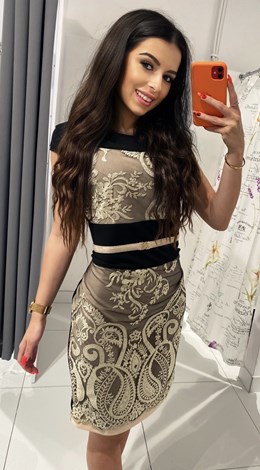 Sukienka krótka pas wzór brokat czarny/złoto