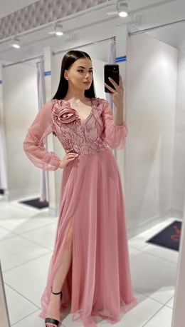 Sukienka długa cekiny tiul rękawy róże róż