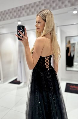 Sukienka długa gorset tiul brokat koraliki czerń