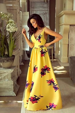 Sukienka długa odkryte plecy kwiaty żółty