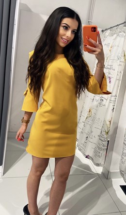 Sukienka krótka kokarda na rękawach musztarda