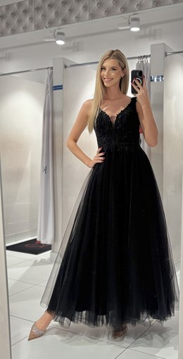 Sukienka długa koronkowy gorset tiul czerń