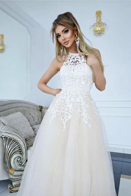 Sukienka długa tiul koronka na szyję wanilia