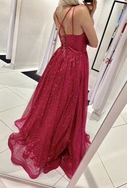 Sukienka długa wiązane plecy gorset brokat fuksja