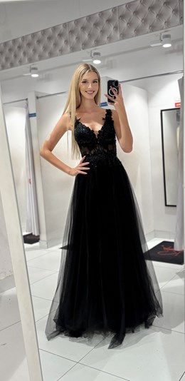 Sukienka długa tiulowa gorset koronka czerń