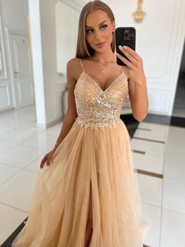 Sukienka długa tiul dekolt cekiny ramiączka złoto