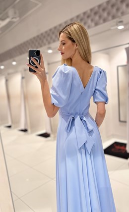 Sukienka długa 3/4 rękawek wiązanie plecy błękit