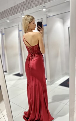 Sukienka długa dopasowana gorset kwiaty bordo