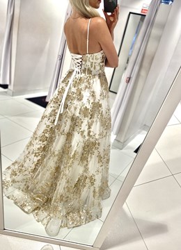 Sukienka długa balowa brokatowe kwiaty biel/złoto