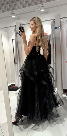 Sukienka długa falbanka cekiny gorset czerń