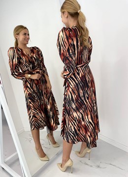 Sukienka midi koszulowa długi rękaw tygrys