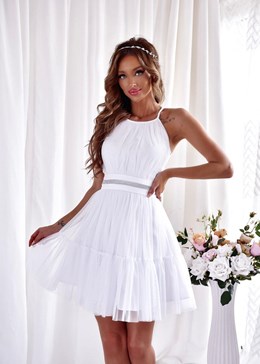 Sukienka krótka wiązanie szyja tiul biel