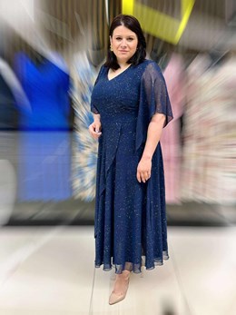 Sukienka długa rękaw brokatowy wzór granat