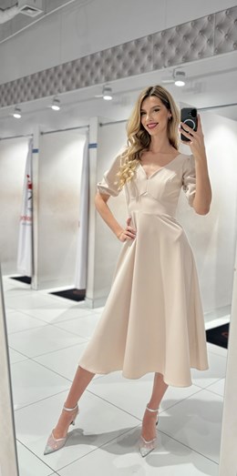 Sukienka midi rękawek 3/4 pas wiązanie beż