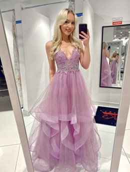 Sukienka długa koronkowa góra tiul lila