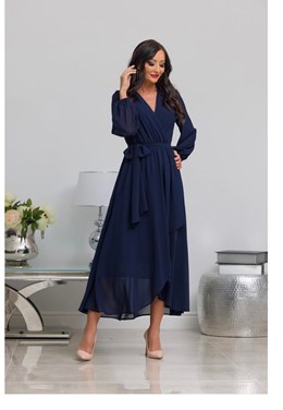 Sukienka długa rozcięcie długi rękaw granat