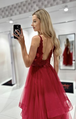 Sukienka długa koronkowa góra tiul bordo