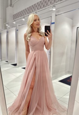 Sukienka długa tiulowa gorset ramiączka jasny róż