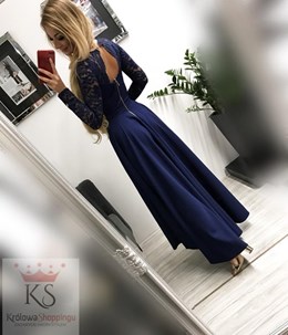 Sukienka długa miękki rękawek granat