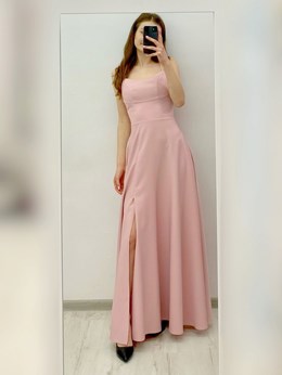 Sukienka długa wiązania połysk pudrowy róż