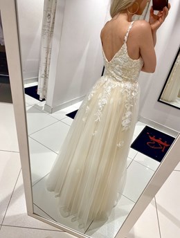 Sukienka długa tiul ramiączka koronka beż/biel