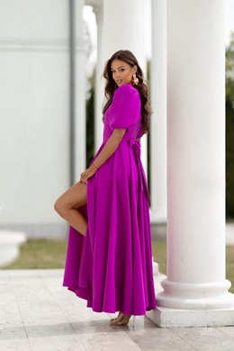 Sukienka długa 3/4 rękawek wiązanie plecy fuksja